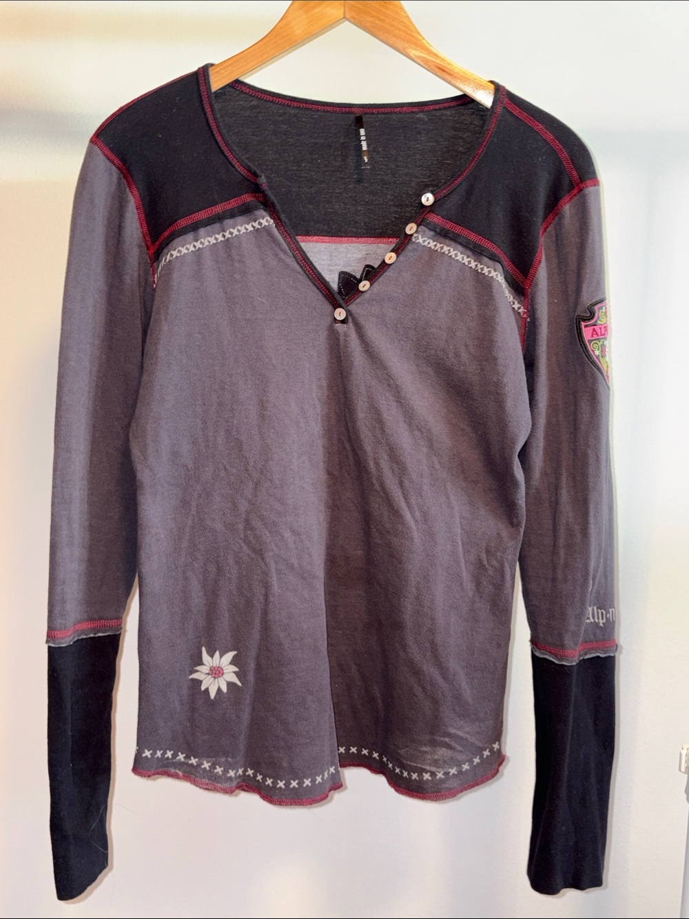 Alp N Rock Gray & Black Long Sleeve Button-Accent Tee with Pink Stitching